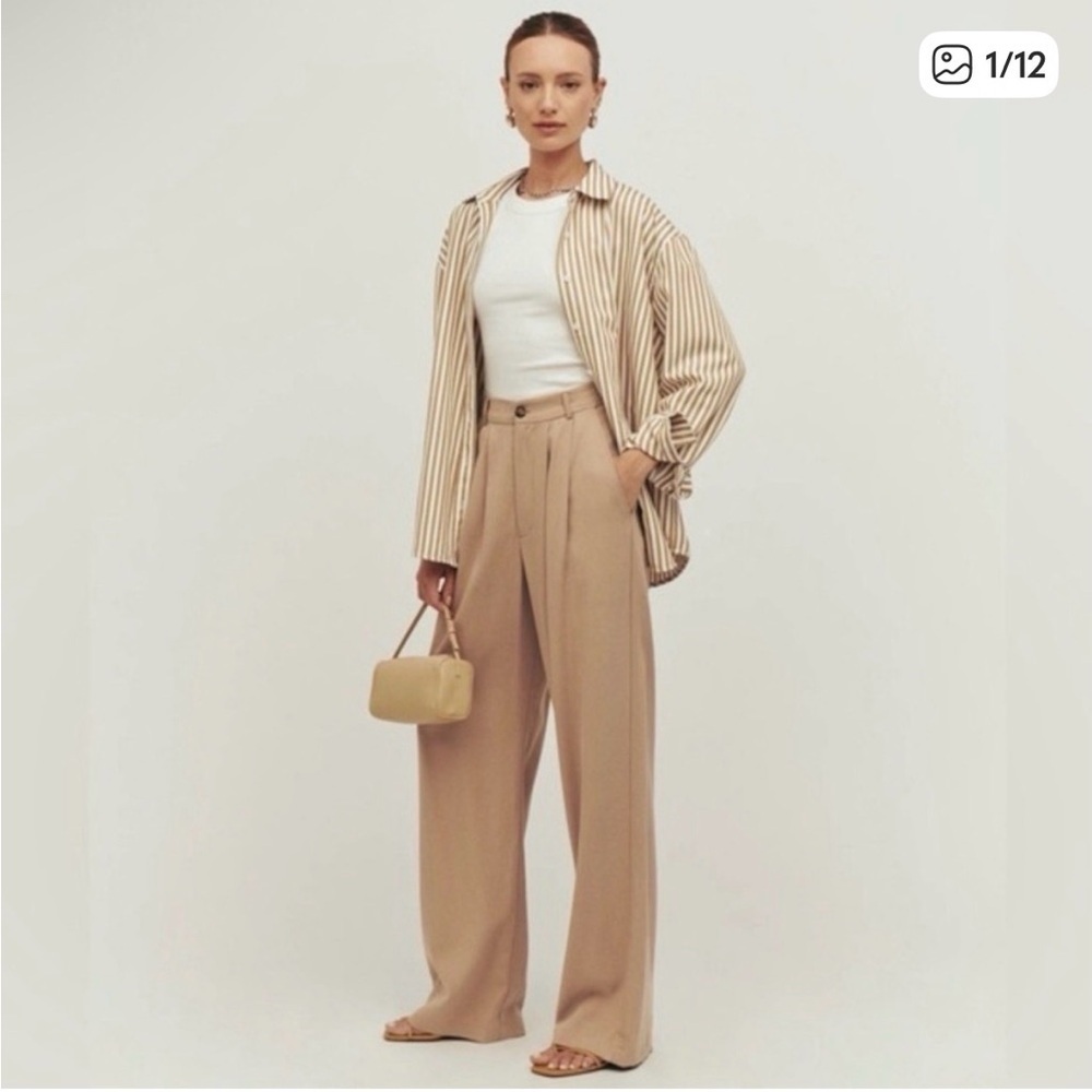 Reformation Mason Pant Khaki Pleated High Waist Wide Leg Trouser 8 Academia